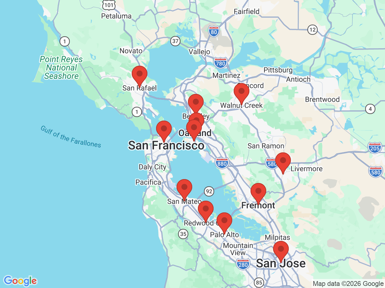 Map of service areas around Alameda, CA
